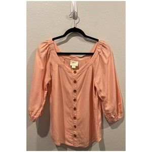 MAEVE Peach Alanis Linen Blend Boat Neck Button Up Shirt